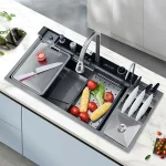 Évier de cuisine multifonctionnel en acier inoxydable, avec poubelle et égouttoir, grande taille, lavabo à fente unique pour légumes