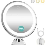 Miroir de maquillage grossissant 10x, 3 lumières, Modes de couleur et gradation, fonctionne à piles, sans fil avec ventouse, pour mur, salle de bain, maison