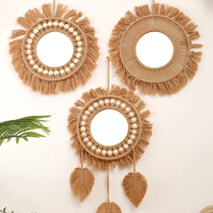 miroir mural rond macramé tissé main bohème folklorique vintage rustique coton pur franges perles bois pampilles feuilles artisanal acrylique décoration