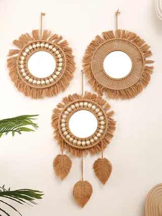 Miroir mural rond macramé tissé main bohème folklorique vintage…