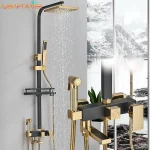 Ensemble de robinets de douche en or noir, mitigeur de salle de bains en métal à pluie, baignoire en métal à 4 voies avec Bidet et étagère