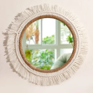 miroir mural rond macramé bohème tressé corde jute coton écru frange large suspendu artisanal fait main chaleureux naturel
