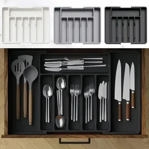 organisateur couverts extensible réglable plateau ustensiles tiroir modulaire compartiments amovibles plastique durable entretien antidérapant profond minimaliste noir gris blanc