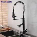 Robinet de cuisine extractible à ressort monté sur le pont, pulvérisateur portatif pivotant, mitigeur à double bec, mélangeur de cuisine, grue, robinet d&rsquo;eau froide et chaude