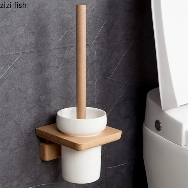 Brosse toilette murale bois céramique blanche mate…