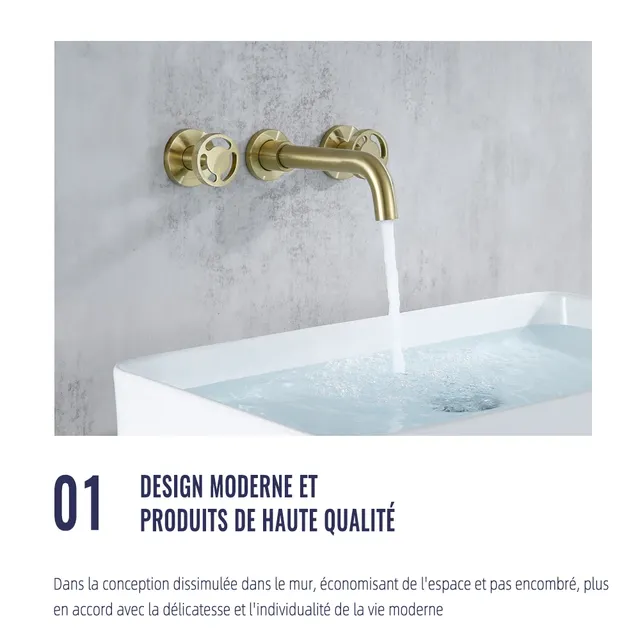 Robinet de lavabo en or brossé Robinet de lavabo mural à… – vue 4
