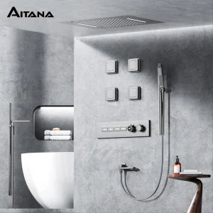 Système de douche thermostatique en laiton gris pistolet de luxe, sortie de pluie et cascade intégrée au plafond avec affichage LED, mitigeur de salle de bains Système de douche thermostatique en laiton gris pistolet de luxe, sortie de pluie et cascade intégrée au plafond avec affichage LED, mitigeur de salle de bains