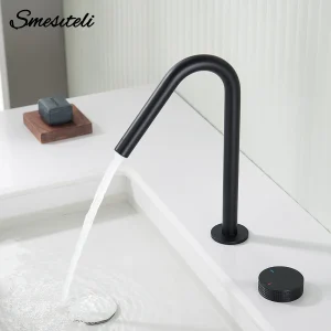 Robinet de lavabo noir mat, bouton moleté, robinet d&rsquo;évier, bec rotatif à 360 degrés, deux trous, robinet de lavabo monté sur le bureau, robinet de salle de bains