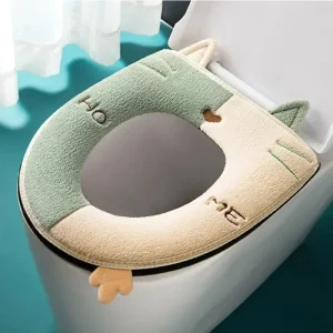 housse siège toilette chaude rembourrée peluche douce antidérapante bord élastique fixation universelle forme ovale intermédiaire bicolore menthe oreilles chat