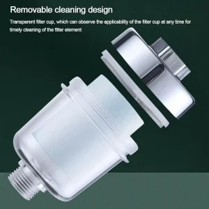 Filtre douche universel pomme filtrée cartouche amovible coton polypropylène transparent plastique fileté compact installation rapide sans outils remplaçable élimine chlore