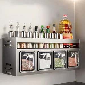 1 étagère d&rsquo;assaisonnement de cuisine équipée, sans perçage, tenture murale, comptoirs, armoires, étagère de rangement d&rsquo;assaisonnement multifonctionnelle