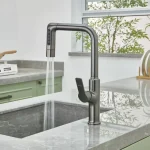Robinet de cuisine gris pistolet, évier de légumes extractible, évier en cuivre chaud et froid résistant aux éclaboussures, balcon rotatif