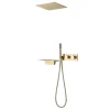 ensemble douche or brossé thermostatique mural encastré laiton finition mate pommeau pluie cascade bec plat douchette flexible tressé