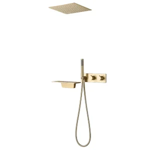 Ensemble de douche en or brossé, salle de bains, robinet thermostatique de plafond dissimulé, cascade caché dans le mur Ensemble de douche en or brossé, salle de bains, robinet thermostatique de plafond dissimulé, cascade caché dans le mur