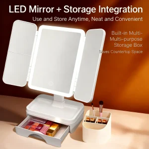 Miroir de maquillage éclairé par LED avec tiroir de rangement, 180 ° Grande surface miroir rotative et réglable en hauteur et haute définition Miroir de maquillage éclairé par LED avec tiroir de rangement, 180 ° Grande surface miroir rotative et réglable en hauteur et haute définition