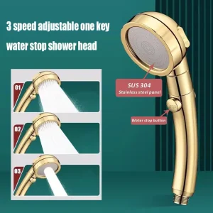 Pommeau de douche haute pression doré, 3 Modes réglables, arrêt à une touche, pulvérisateur d’économie d’eau, pomme de douche de bain à pluie, accessoire de salle de bains Pommeau de douche haute pression doré, 3 Modes réglables, arrêt à une touche, pulvérisateur d’économie d’eau, pomme de douche de bain à pluie, accessoire de salle de bains
