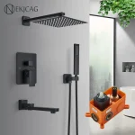 Système de douche mural noir, robinet de douche à eau de pluie de 12/16 pouces avec grue à main