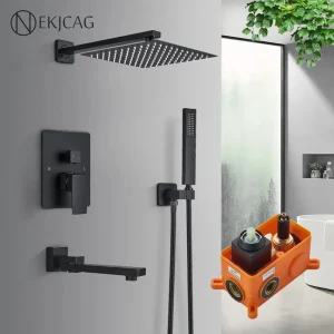 Système de douche mural noir, robinet de douche à eau de pluie de 12/16 pouces avec grue à main