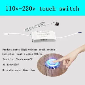 Interrupteur tactile haute tension AC 110V/220V, double tension, capteur marche/arrêt tactile avec indicateur LED, alimentation universelle Interrupteur tactile haute tension AC 110V/220V, double tension, capteur marche/arrêt tactile avec indicateur LED, alimentation universelle