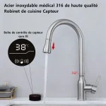 Robinet d&rsquo;évier de cuisine à capteur intelligent en Nickel brossé de luxe, déroulant 360 °   Robinets mélangeurs rotatifs Robinets de cuisine à induction montés sur le pont