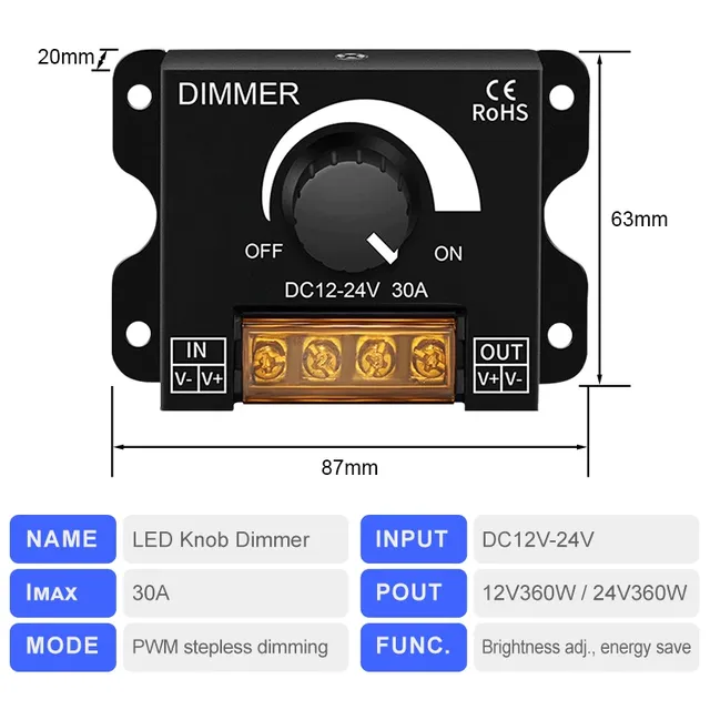 DC12V-24V LED variateur 30A 360W ajusteur de luminosité… – vue 5