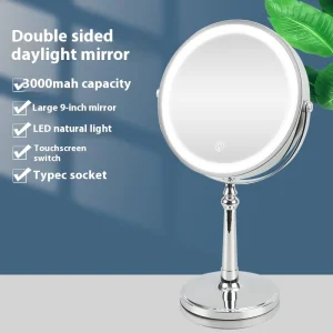 Miroirs de maquillage ronds Double face avec fonction d’amplification, miroir de bureau de 9 pouces avec lampe LED, miroir de chargement de Type C Miroirs de maquillage ronds Double face avec fonction d’amplification, miroir de bureau de 9 pouces avec lampe LED, miroir de chargement de Type C