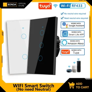 Tuya US WiFi interrupteur mural intelligent RF433 1/2/3 Gang pas de fil neutre capteur tactile LED interrupteurs de lumière maison intelligente Alexa Google Home