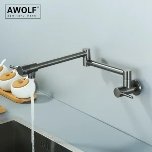 Awolf Remplissage de Marmite Pliable Mural Robinet de Cuisine Gris en Laiton Massif Rotation à 360 Degrés Robinet D’évier à un Trou FW008 Awolf Remplissage de Marmite Pliable Mural Robinet de Cuisine Gris en Laiton Massif Rotation à 360 Degrés Robinet D’évier à un Trou FW008