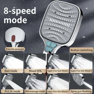 Pommeau de douche carré à grand débit, 8 Modes, pour salle de bain, pomme de douche à main, autonettoyante, sortie d’eau en Silicone, buse de pluie Pommeau de douche carré à grand débit, 8 Modes, pour salle de bain, pomme de douche à main, autonettoyante, sortie d’eau en Silicone, buse de pluie