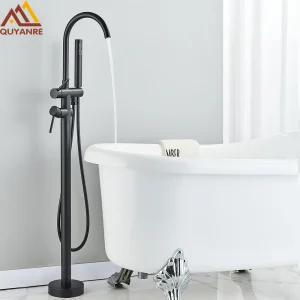 Mélangeur de robinet sur pied, mitigeur d’eau chaude et froide à poignée unique avec bec rotatif à 360 degrés avec douchette pour baignoire et douche Mélangeur de robinet sur pied, mitigeur d’eau chaude et froide à poignée unique avec bec rotatif à 360 degrés avec douchette pour baignoire et douche