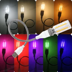Veilleuse LED un ensemble d&rsquo;ampoules USB pliable veilleuse USB tuyau en métal et ampoule de nuit violet rose bleu vert