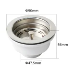 Kit de déchets pour ouverture d&rsquo;évier 70-80mm, diamètre de vidange 90mm, évier en acier inoxydable PP argent de haute qualité