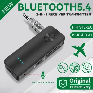 Transmetteur récepteur audio Bluetooth 5.4 2 en 1 3,5 mm AUX Hifi stéréo musique adaptateur sans fil avec micro pour voiture avion TV PC casque haut-parleur 【Convient pour l&rsquo;audio des avions】