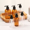 lot six flacons pompes rechargeables 100ml 200ml 300ml ambre transparents cylindriques plastique PET finition lisse bouchons noirs tubes plongeurs amovibles