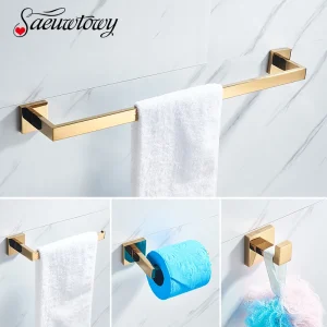 Porte-serviettes mural doré, barre de remorquage, porte-papier, crochet à peignoir, accessoires de salle de bains en acier inoxydable