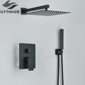 Ensemble de douche de bain noir, système de robinet de douche dissimulé mural, mitigeur de salle de bains à pluie, robinet de baignoire avec pulvérisateur à main Ensemble de douche de bain noir, système de robinet de douche dissimulé mural, mitigeur de salle de bains à pluie, robinet de baignoire avec pulvérisateur à main