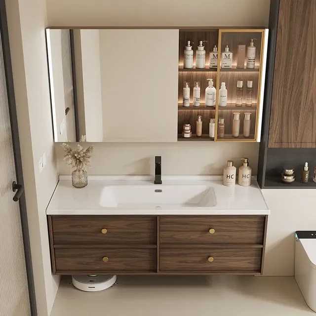 Meuble vasque mural moderne noyer massif planvasque… – vue 3