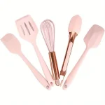 Ensemble cinq pièces d&rsquo;ustensiles de cuisine en or rose et rose, mini outils de cuisine en silicone, spatule à mélanger, cuillère et spatule fendue