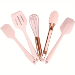 Ensemble cinq pièces d&rsquo;ustensiles de cuisine en or rose et rose, mini outils de cuisine en silicone, spatule à mélanger, cuillère et spatule fendue