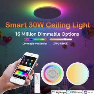 Plafonnier LED Intelligent avec Rétro-Éclairage RGBIC, Télécommande et Télécommande, Compatible avec Alexa et Google Home Assistant pour Chambre à Coucher, 30W