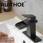 Robinet de lavabo cascade à noyau de cuivre, salle de bains, lavabo de cuisine en acier inoxydable, robinet mitigeur à double commande chaud et froid