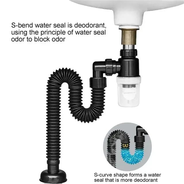 Siphon évier flexible accordéon PVC ABS noir blanc coude… – vue 5