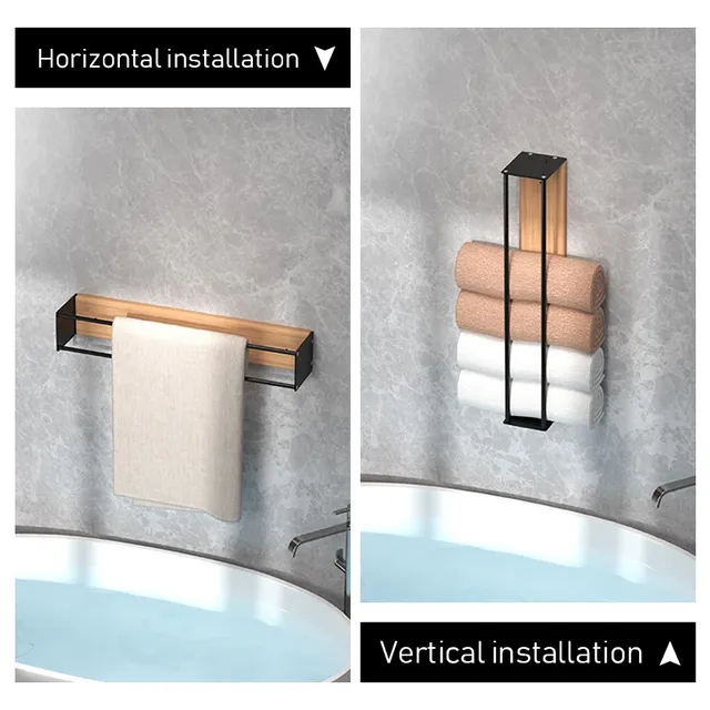 Porte serviettes mural métallique bois clair acier noir… – vue 3