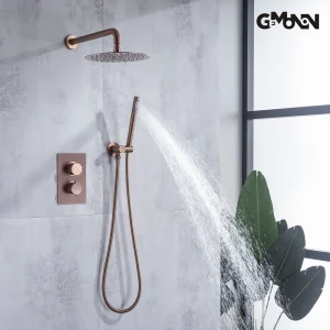 Robinet de salle de bains doré avec 2 cadrans, ensemble de douche à 2 voies, mitigeur à commande thermostatique, inverseur de douche de pluie pour 8/10/12 pouces Robinet de salle de bains doré avec 2 cadrans, ensemble de douche à 2 voies, mitigeur à commande thermostatique, inverseur de douche de pluie pour 8/10/12 pouces