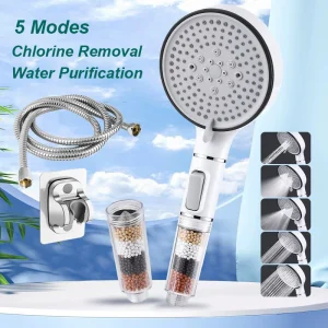Pommeau de douche de salle de bain avec bouton d’arrêt, 5 modes, filtre anti-calaire, hygiénique, élimine le chlore, pomme de douche à main, Filtration Pommeau de douche de salle de bain avec bouton d’arrêt, 5 modes, filtre anti-calaire, hygiénique, élimine le chlore, pomme de douche à main, Filtration
