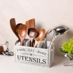 Porte-ustensiles de cuisine avec 3 compartiments, organisateur d&rsquo;ustensiles en bois pour comptoir de cuisine, décoration de cuisine, ustensiles de cuisine