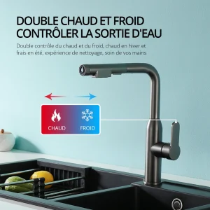 Robinet de cuisine mélangeur d’évier en métal à canon, pivotant à 360 degrés, poignée unique extractible, mélangeur de pulvérisation à 2 voies, robinet chaud et froid Robinet de cuisine mélangeur d’évier en métal à canon, pivotant à 360 degrés, poignée unique extractible, mélangeur de pulvérisation à 2 voies, robinet chaud et froid
