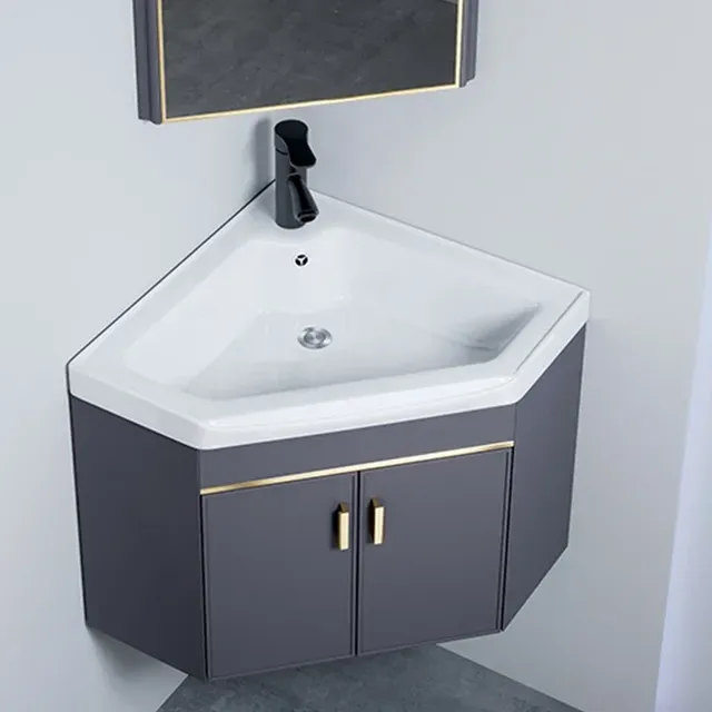Meuble lavabo angle mural moderne gris anthracite vasque… – vue 2