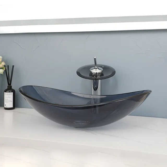 Vasque verre trempé ovale aplatie bleu gris fumée rebord… – vue 4