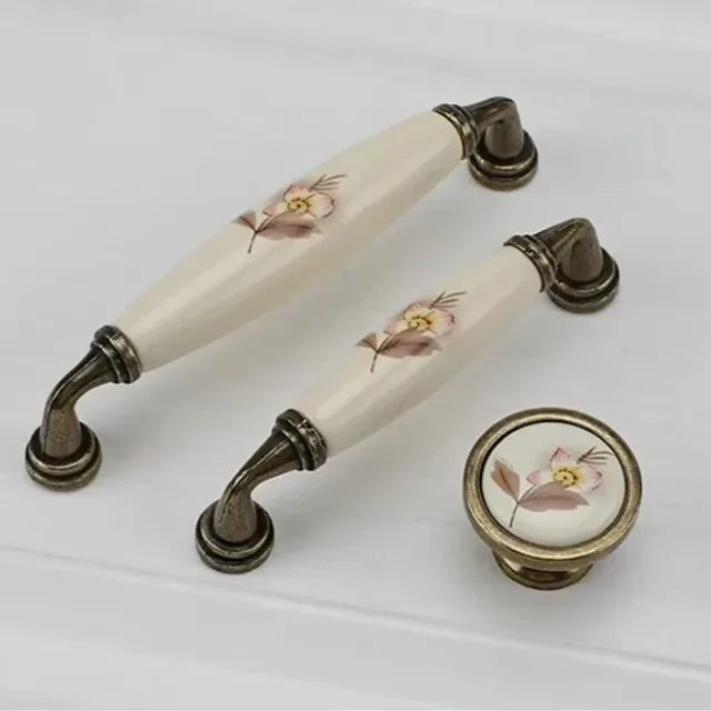 Poignée bouton céramique porcelaine ivoire floral rose… – vue 3